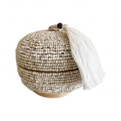 Rustic White & Wood Accessories Melati Beaded Bamboo Trinket Box - Round