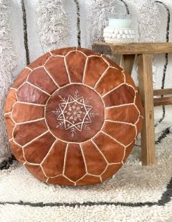 Rustic White & Wood Moroccan Decor Moroccan Pouf Ottoman - Tan