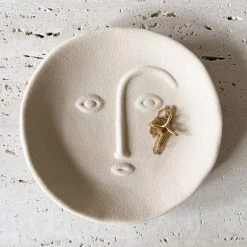 Rustic White & Wood Ceramic Moon Trinket Dish - Sand