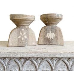 Rustic White & Wood Old Bone Inlay Candle Stands