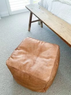 Rustic White & Wood Moroccan Pouf Ottoman - Square Honeycomb Moroccan Decor