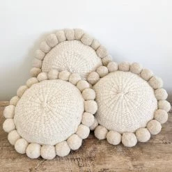 Rustic White & Wood Iana Pom Pom Cushion In Natural - Round Argentinian Cushions