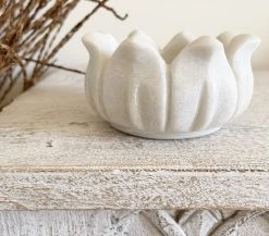 Rustic White & Wood Accessories Marble Lotus Trinket Bowl