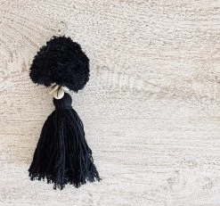 Rustic White & Wood Pom-Pom Tassel Keyring