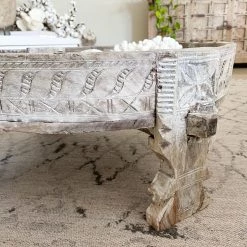 Rustic, White & Wood Vintage Indian Wooden Grinder Table - 02 Furniture
