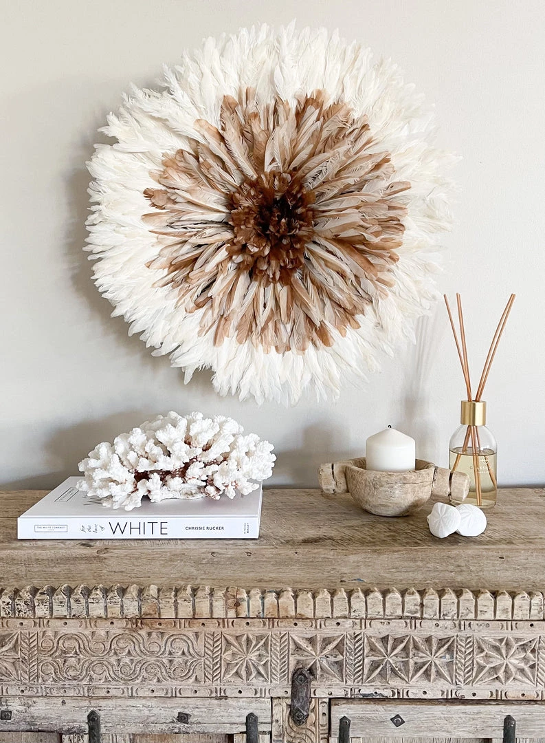 Rustic White & Wood Bamileke Feather Juju Hat - Natural Brown With White Tips 5 Rustic White & Wood Bamileke Feather Juju Hat - Natural Brown With White Tips
