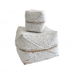 Rustic White & Wood Beaded Boxes - White