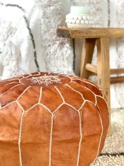 Rustic White & Wood Moroccan Decor Moroccan Pouf Ottoman - Tan