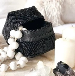 Rustic White & Wood Beaded Boxes - Black Homewares