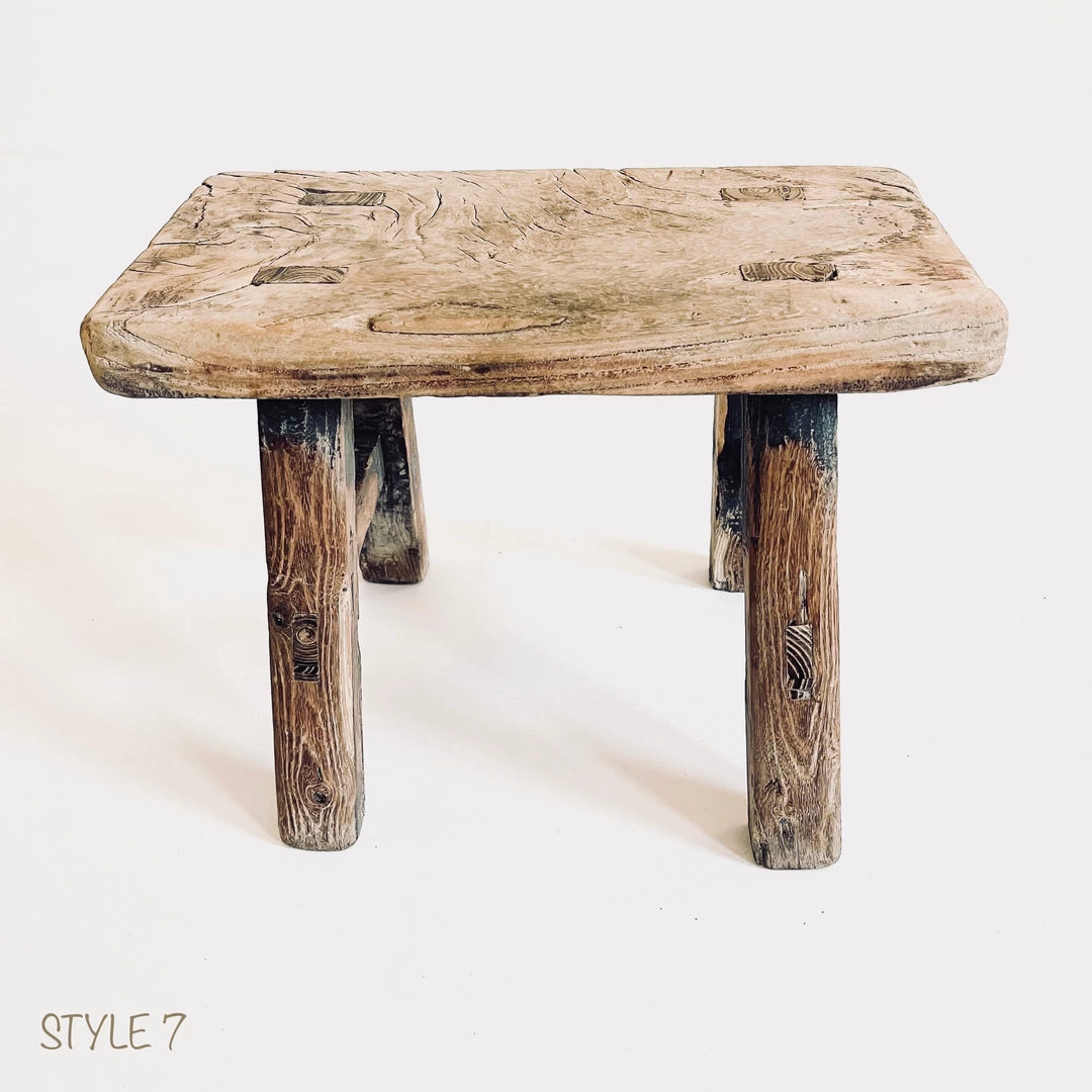 Rustic White & Wood Vintage Treasures Elm Wood Workers Stool - Mini 14 Rustic White & Wood Vintage Treasures Elm Wood Workers Stool - Mini