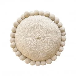 Rustic White & Wood Iana Pom Pom Cushion In Natural - Round Argentinian Cushions