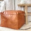 Rustic White & Wood Moroccan Pouf Ottoman - Square Tan Moroccan Decor