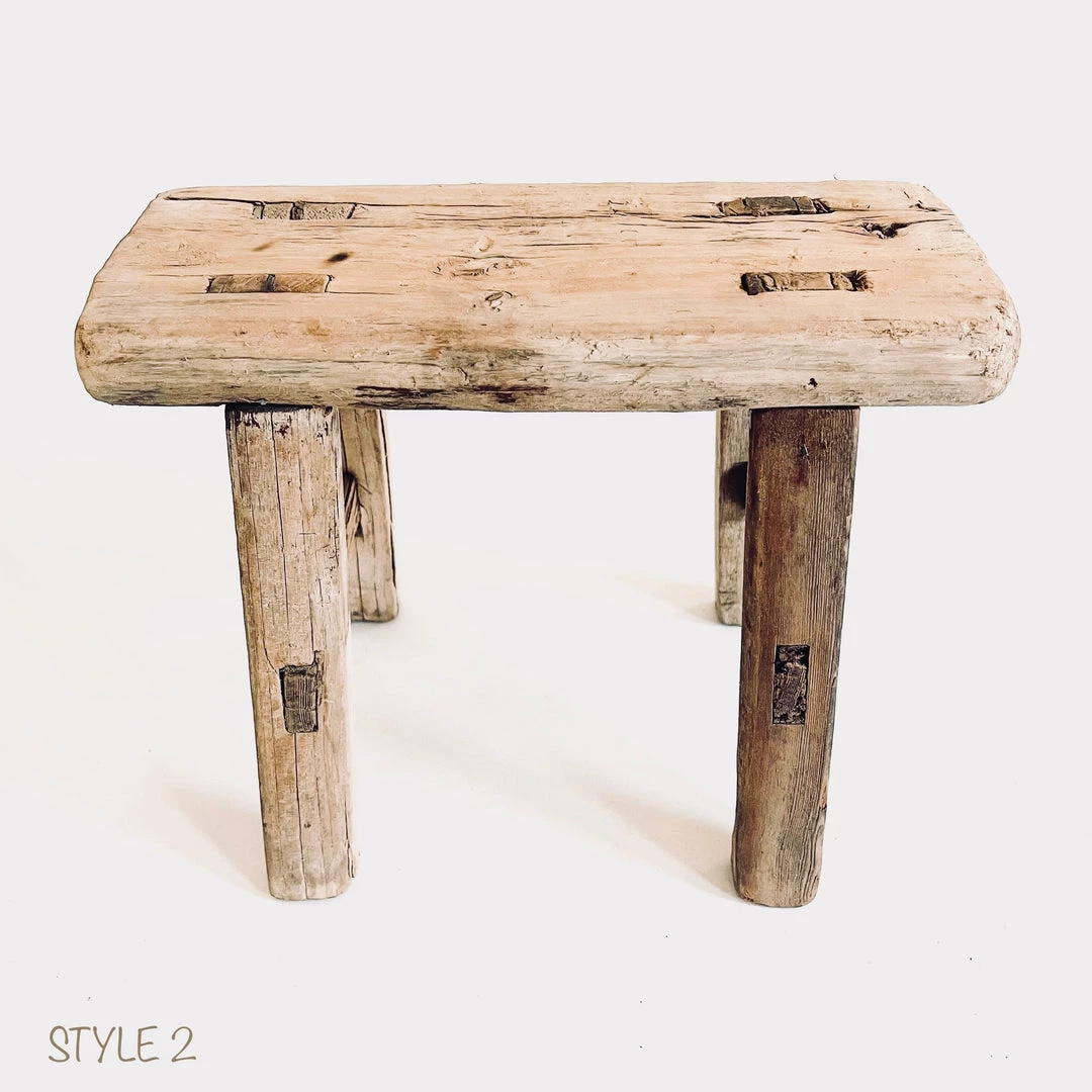 Rustic White & Wood Vintage Treasures Elm Wood Workers Stool - Mini 9 Rustic White & Wood Vintage Treasures Elm Wood Workers Stool - Mini