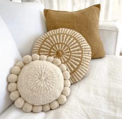 Rustic White & Wood Iana Double Weave Cushion In Natural & Natural Nut - Round