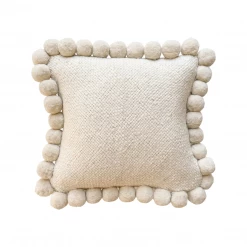 Rustic White & Wood Argentinian Cushions Iana Pom Pom Cushion In Natural - Square