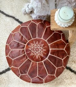 Rustic White & Wood Moroccan Decor Moroccan Pouf Ottoman - Brown