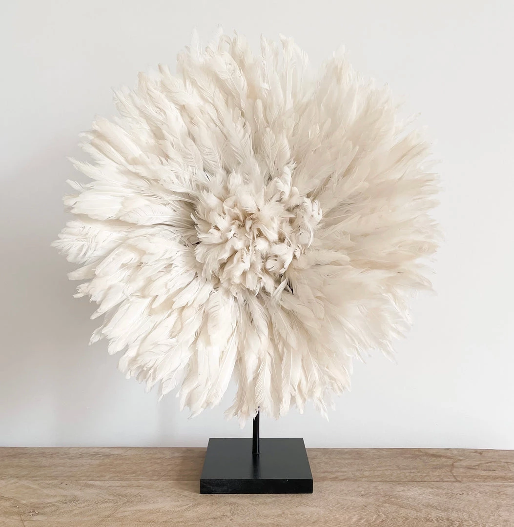 Rustic White & Wood Bamileke Feather Juju Hat - White 4 Rustic White & Wood Bamileke Feather Juju Hat - White