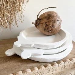 Rustic White & Wood Wooden Chapati Bowl, Old Indian - White-washed