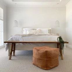 Rustic White & Wood Moroccan Pouf Ottoman - Square Honeycomb Moroccan Decor