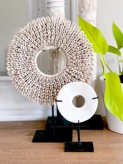 Rustic White & Wood Tribal Cowrie Shell Collar With Stand Coastal Decor