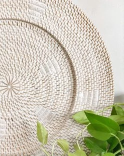 Rustic White & Wood Woven Rattan Plate - White & Chocolate Coastal Decor