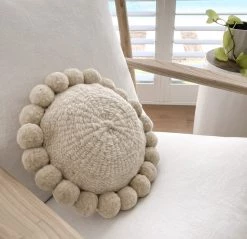 Rustic White & Wood Iana Pom Pom Cushion In Natural - Round Argentinian Cushions
