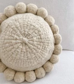 Rustic White & Wood Iana Pom Pom Cushion In Natural - Round Argentinian Cushions