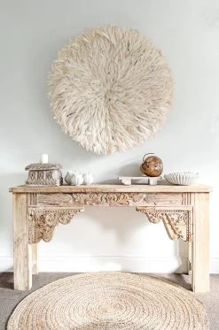 Rustic White & Wood Vintage Indian Carved Console Table Furniture