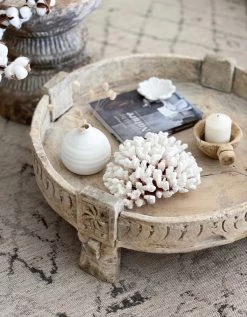 Rustic, White & Wood Furniture Vintage Indian Wooden Grinder Table - 01