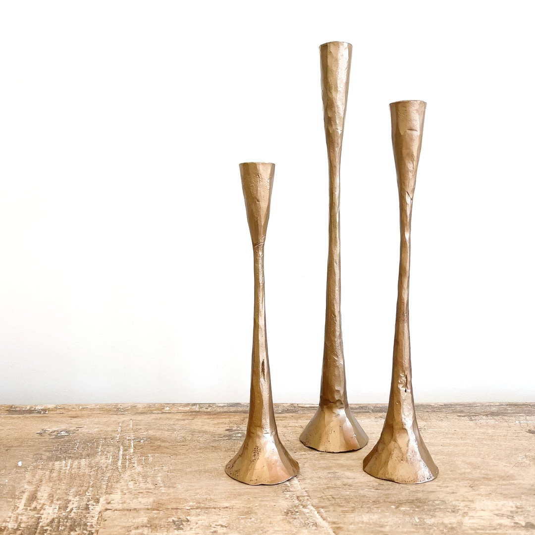 Rustic White & Wood Artisan Candlestand Holder - Set Of 3 - Brass Homewares 3 Rustic White & Wood Artisan Candlestand Holder - Set Of 3 - Brass Homewares