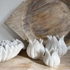Rustic White & Wood Accessories Marble Lotus Tealight Candle Holder