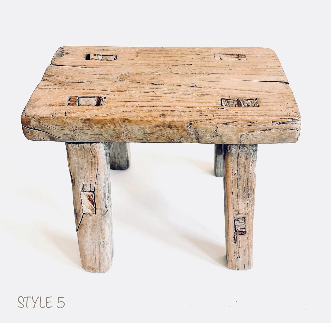 Rustic White & Wood Vintage Treasures Elm Wood Workers Stool - Mini 12 Rustic White & Wood Vintage Treasures Elm Wood Workers Stool - Mini