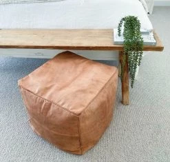 Rustic White & Wood Moroccan Pouf Ottoman - Square Honeycomb Moroccan Decor