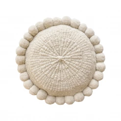 Rustic White & Wood Iana Pom Pom Cushion In Natural - Round Argentinian Cushions