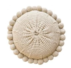 Rustic White & Wood Iana Pom Pom Cushion In Natural - Round Argentinian Cushions
