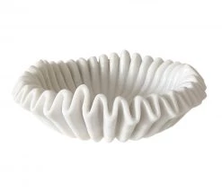 Rustic White & Wood Marble Fluted Bowl - Wavy Ripple - Hand Carved Accessories