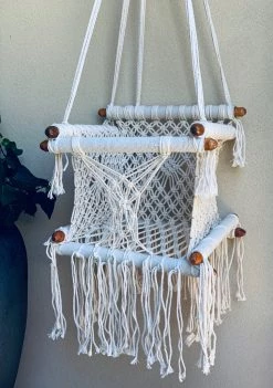 Rustic White & Wood Macrame Baby Chair/Swing