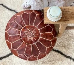 Rustic White & Wood Moroccan Decor Moroccan Pouf Ottoman - Brown