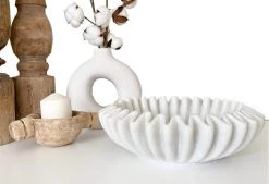 Rustic White & Wood Marble Fluted Bowl - Ripple - Hand Carved