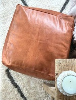 Rustic White & Wood Moroccan Pouf Ottoman - Square Tan Moroccan Decor