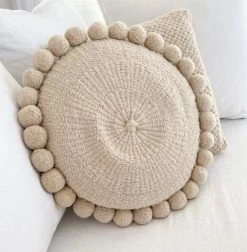 Rustic White & Wood Iana Pom Pom Cushion In Natural - Round Argentinian Cushions