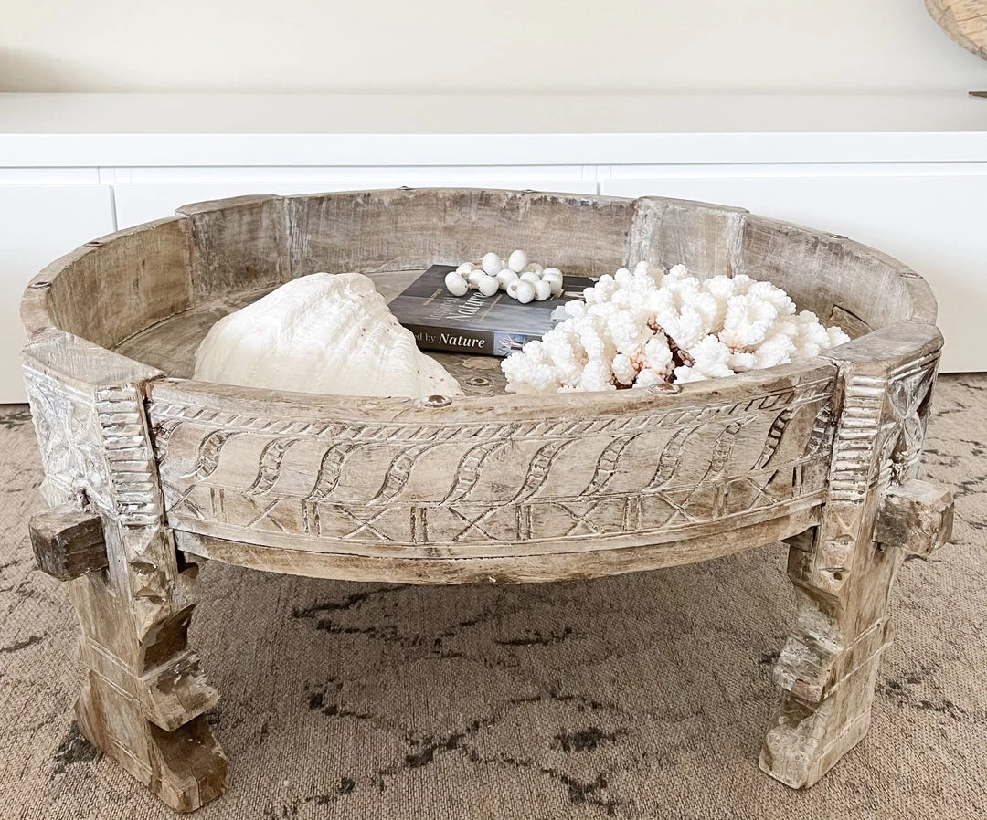 Rustic, White & Wood Vintage Indian Wooden Grinder Table - 02 Furniture 7 Rustic, White & Wood Vintage Indian Wooden Grinder Table - 02 Furniture