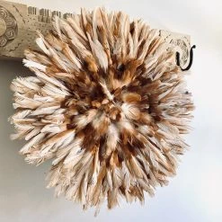 Rustic White & Wood Bamileke Feather Juju Hat - Natural Brown