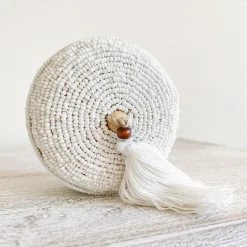 Rustic White & Wood Accessories Melati Beaded Bamboo Trinket Box - Round