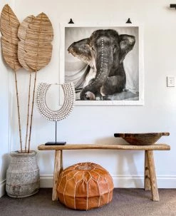 Rustic White & Wood Moroccan Decor Moroccan Pouf Ottoman - Tan