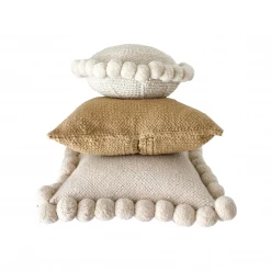 Rustic White & Wood Argentinian Cushions Iana Pom Pom Cushion In Natural - Square