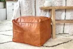 Rustic White & Wood Moroccan Pouf Ottoman - Square Tan Moroccan Decor