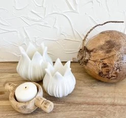 Rustic White & Wood Accessories Marble Lotus Tealight Candle Holder