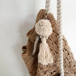 Rustic White & Wood Pom-Pom Tassel Keyring 7 Rustic White & Wood Pom-Pom Tassel Keyring