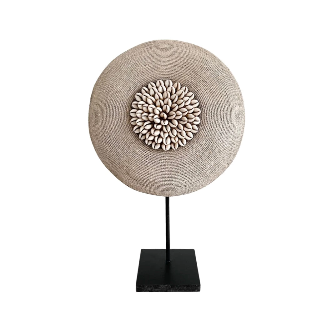 Rustic White & Wood Tikar Shield - Manilla With Cowrie Centre And Trim 3 Rustic White & Wood Tikar Shield - Manilla With Cowrie Centre And Trim